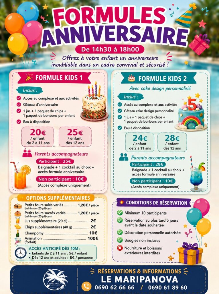 Formules anniversaire KIDS 1 et KIDS 2 — tarifs et conditions
